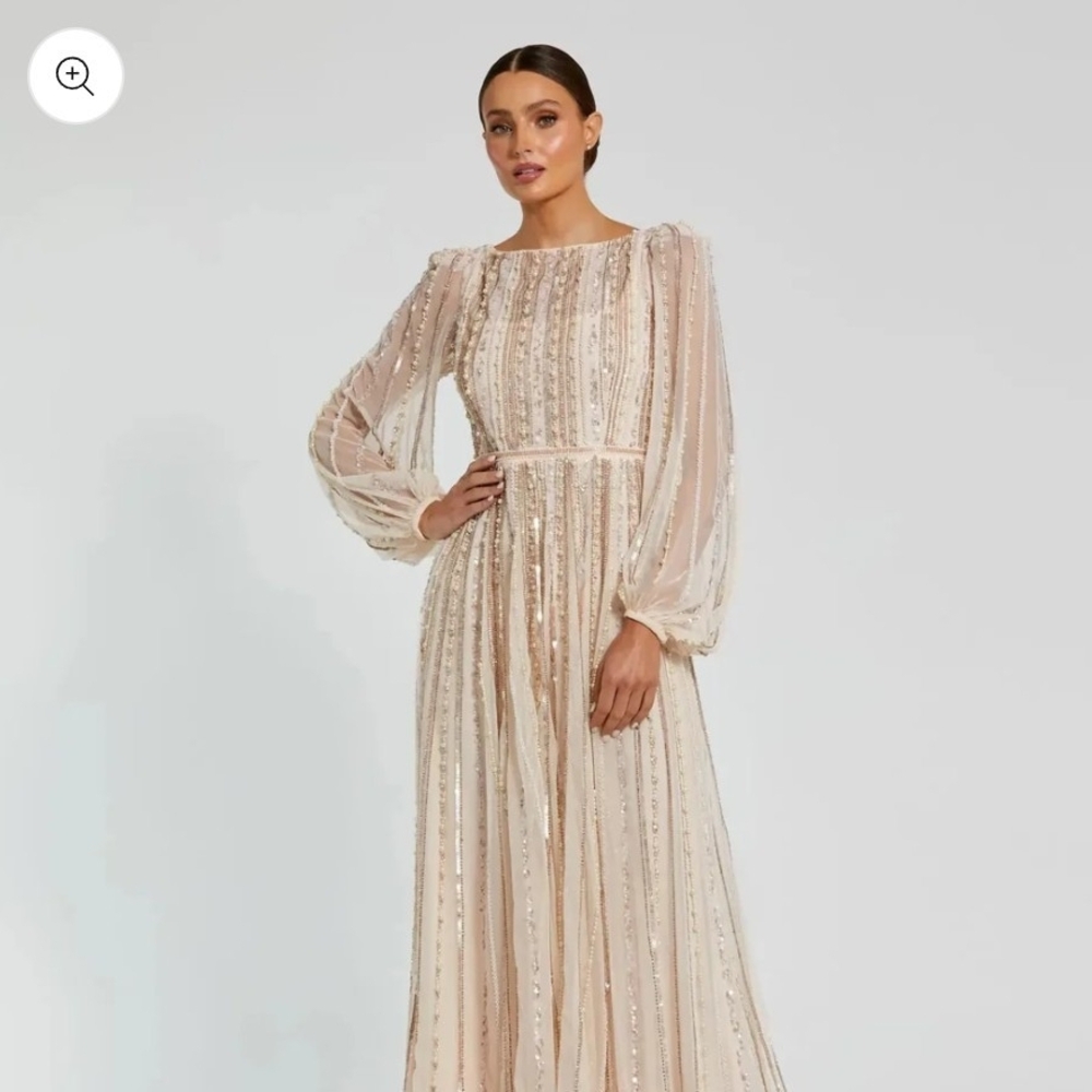 Mac Duggal Champagne Sequin Long Sleeve Dress